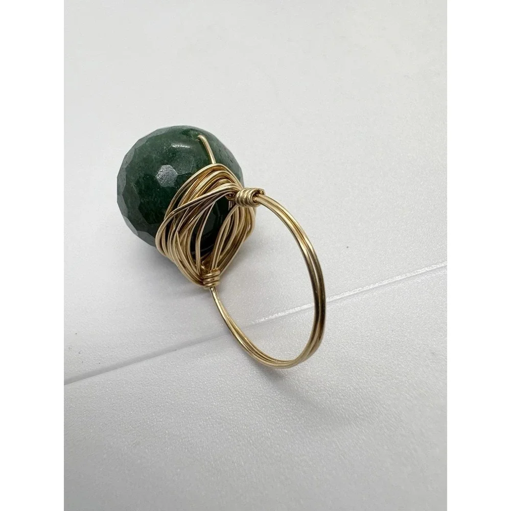 Gold-Filled Wire Wrapped Geodesic Faceted Green Aventurine Ring Size‎ 5.25 Boho